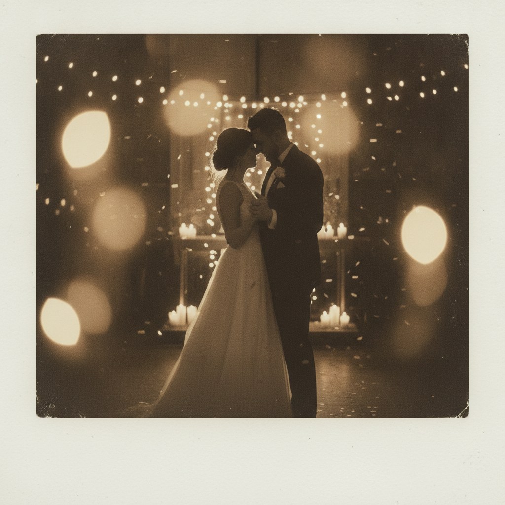 Düğün gününden polaroid kare: gelin ve damat ilk dans